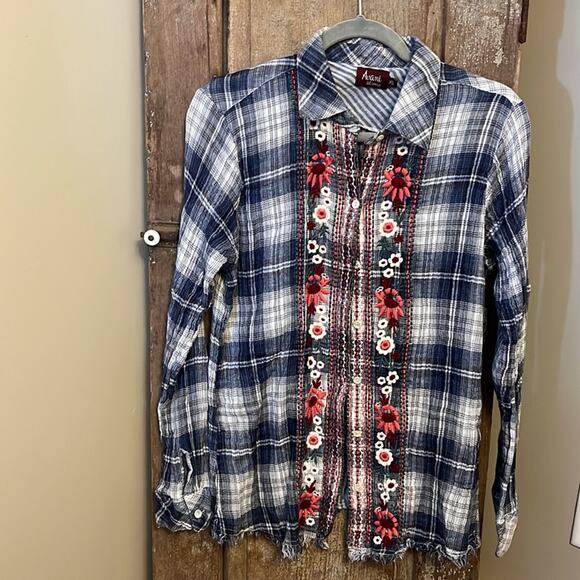 Avani del amour Blue Plaid And Floral Embroidery Shirt-XL - Picture 1 of 5